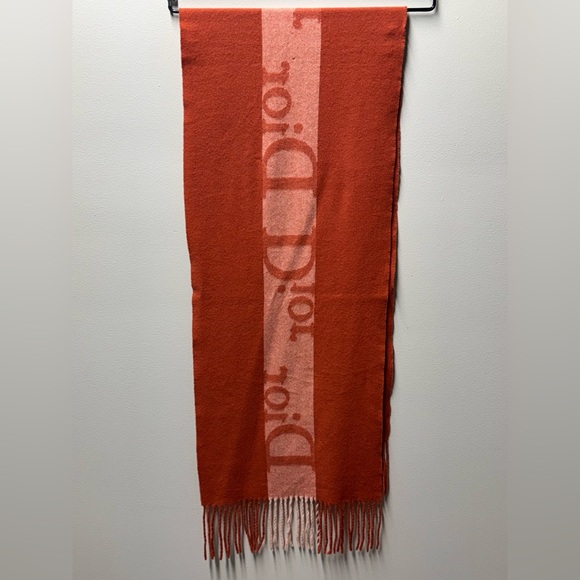 Dior Striped Wool Cashmere Scarf in Red/Orange & White with DIOR down both sides - Picture 2 of 5